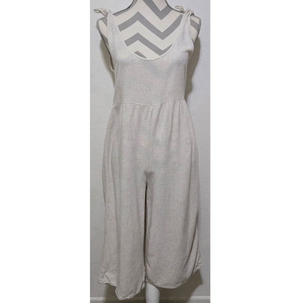 LA Hearts Linen / Rayon Tied Overalls Jumpsuit Cropped Wide-leg, Cream, Medium